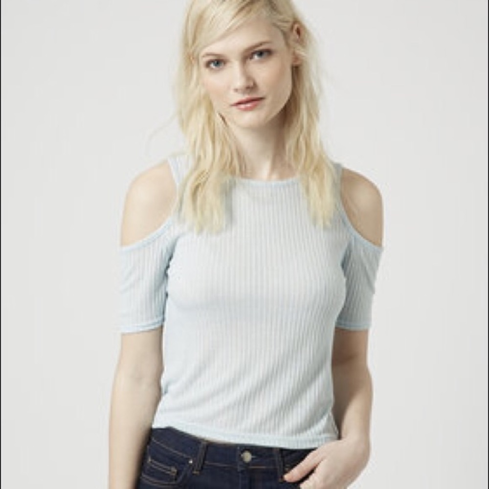 Light Blue Cold Shoulder Ribbed Crop Top